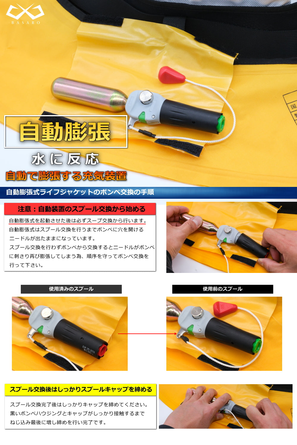 BASARO 国土交通省型式承認品 桜マーク タイプA 自動膨張式 ライフジャケット交換用ボンベ 18g